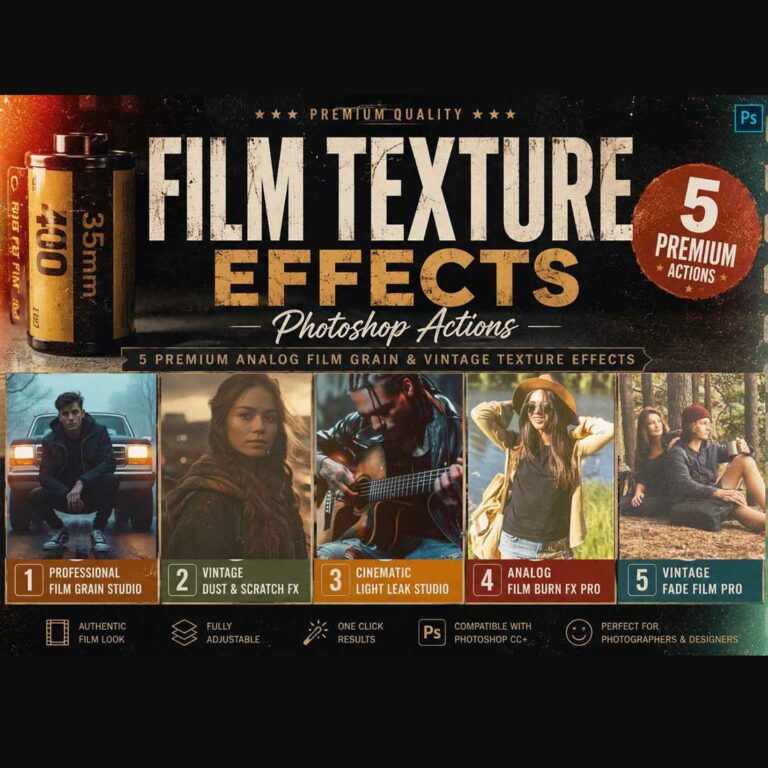Film Texture Effects Photoshop Actions cover image.
