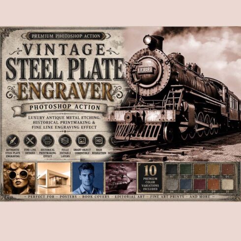 Vintage Steel Plate Engraver Photoshop Action cover image.