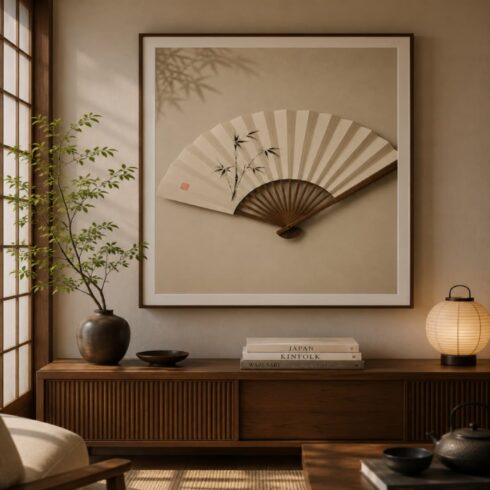Japanese Bamboo Fan Wall Art Printable | Zen Wabi Sabi Decor | Neutral Japanese Digital Download | Minimalist Home Print cover image.