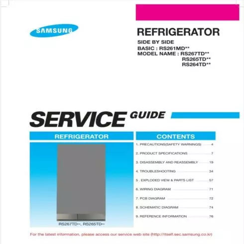 SAMSUNG RS265TDRS, RS267TDRS, SERVICE REPAIR MANUAL cover image.