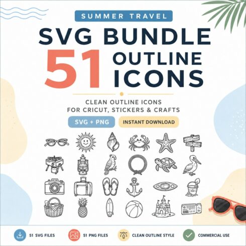 Summer Travel SVG Bundle – 51 Outline Icons cover image.
