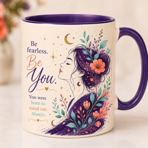 Fearlessly Me | Inspirational Female Profile, Birds & Self-Love Mug Mockup Pair cover image.