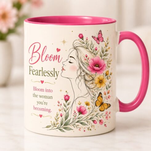 Bloom Fearlessly | Feminine Wildflower & Butterfly Ceramic Mug Mockup Pair | Self-Love Quote Coffee Cup Mockup Bundle cover image.