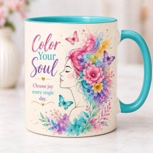 Color Your Soul | Watercolor Female Profile & Butterfly Ceramic Mug Mockup Pair | Colorful Self-Love Coffee Cup Mockup Bundle cover image.