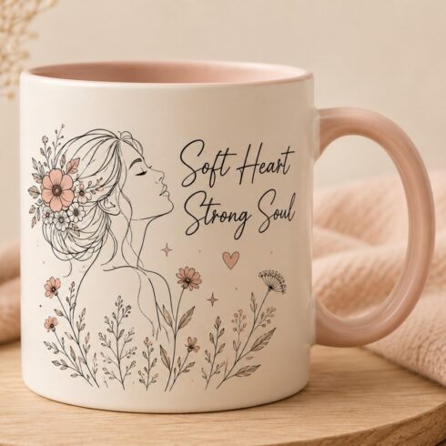 Soft Heart Strong Soul | Minimal Line Art Mug Mockup Pair | Female Profile & Wildflowers | Blush, Cream & Black cover image.