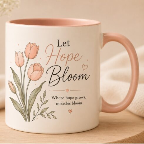 Let Hope Bloom | Floral Mug Mockup Pair | Tulip Illustration & Inspirational Quote | Peach, Cream & Green cover image.