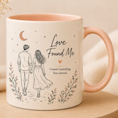 Love Found Me | Romantic Couple Mug Mockup Pair | Minimal Line Art Coffee Mug | Walking Couple | Peach, Cream & Black,green,black &cream cover image.