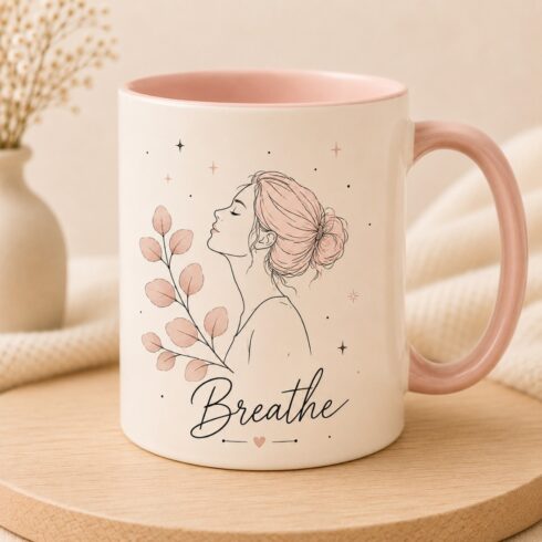 Breathe | Minimal Line Art Mug Mockup Pair | Female Profile, Eucalyptus & Tiny Stars | Blush, Cream & Black cover image.
