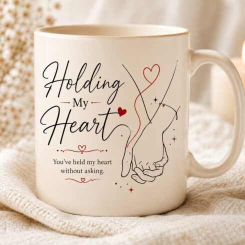 Hand In Hand | Romantic Couple Mug Mockup Pair | Holding Hands Line Art | Wildflowers | Minimalist red, Cream & Black cover image.