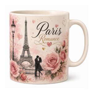 Paris Romance Eiffel Tower Mug Mockup Pair | Romantic Roses & Hearts Coffee Cup PSD | Blush, Black & Gold Wedding Anniversary Gift Mug Display cover image.