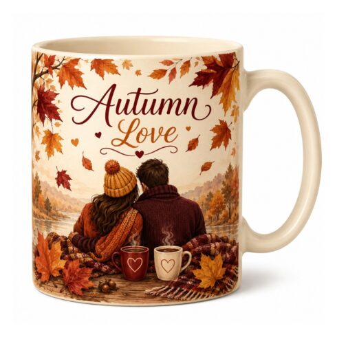 Autumn Love Cozy Couple Mug Mockup Pair | Maple Leaves & Coffee Cup PSD | Burnt Orange, Burgundy & Mustard Fall Romance Gift Mug Display cover image.
