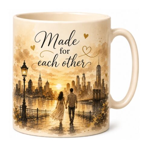 Made for Each Other Romantic Watercolor Skyline Mug Mockup Pair | Couple Holding Hands Coffee Cup PSD | Anniversary Gift Mug Display cover image.