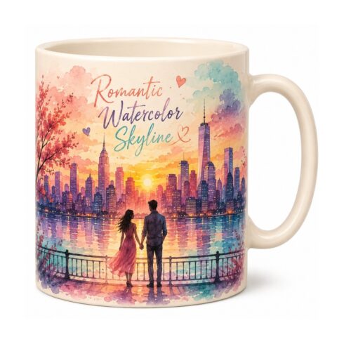 Romantic Watercolor Skyline Couple Mug Mockup Pair | Sunset Cityscape Coffee Cup PSD | Love Gift Mug Presentation | 11oz & 15oz Mug Display cover image.