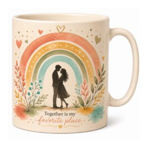 Rainbow Romance Couple Mug Mockup Pair | Abstract Rainbow & Couple Silhouette Coffee Cup PSD | Wedding Anniversary Gift Mug Display cover image.