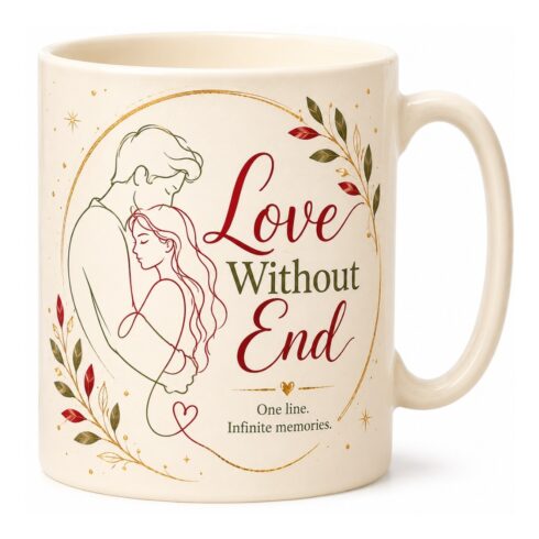 Love Without End | Romantic Couple Mug Mockup Pair | Elegant Line Art Ceramic Mug | Ruby Red & Ivory Wedding Gift Mockup | Premium PSD Template cover image.
