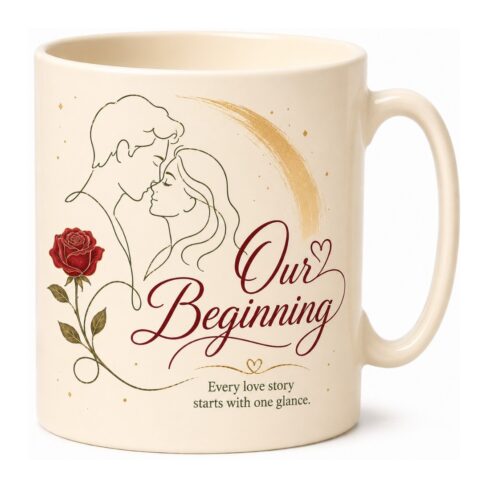Our Beginning | Romantic Couple Mug Mockup Pair | Minimal Line Art Ceramic Mug | Elegant Wedding Gift Design | Ruby Red, Ivory & Gold PSD Template cover image.