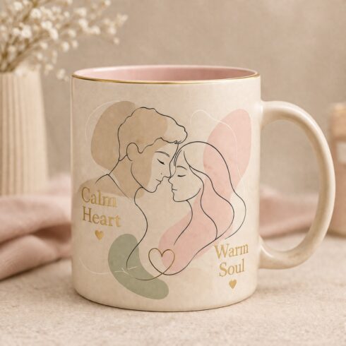 Modern Scandinavian Mug Mockup pair| Soft Neutral Love Collection| Abstract Line Art Ceramic Mug cover image.