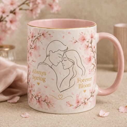 Cherry Blossom Couple Mug Mockup Pair | Always Spring & Forever Bloom | Romantic Floral Ceramic Mug | Wedding, Anniversary & Valentine's Gift Design cover image.