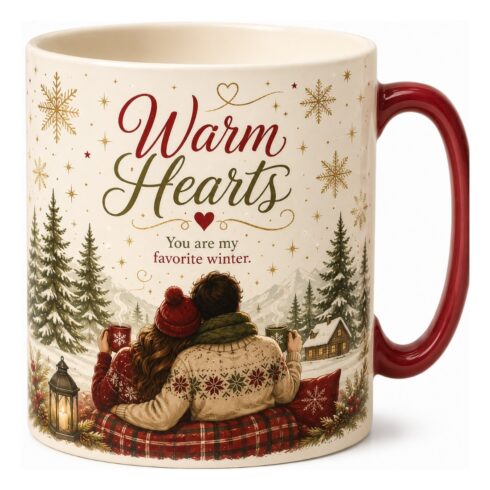 Winter Love | Warm Hearts Couple Mug Mockup Pair | Cozy Romantic Ceramic Mug | Snowflakes & Hot Cocoa cover image.