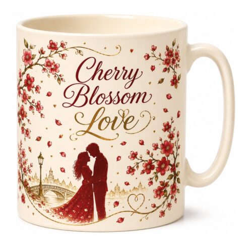 Cherry Blossom Love | Romantic Couple Mug Mockup Pair | Elegant Ceramic Mug with Floral Design | Ruby Red & Ivory Wedding Gift Mockup cover image.
