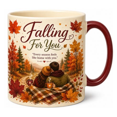 Autumn Hearts – Falling For You Couple Mug Mockup Pair | Cozy Fall Coffee Mug | Romantic Maple Leaves Design | Wedding & Anniversary Gift Presentation cover image.