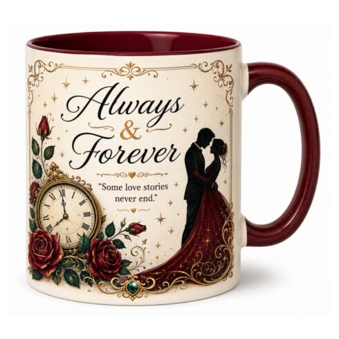 Timeless Romance – Always & Forever Couple Mug Mockup Pair | Elegant Vintage Love Coffee Mug | Wedding & Anniversary Gift Presentation cover image.