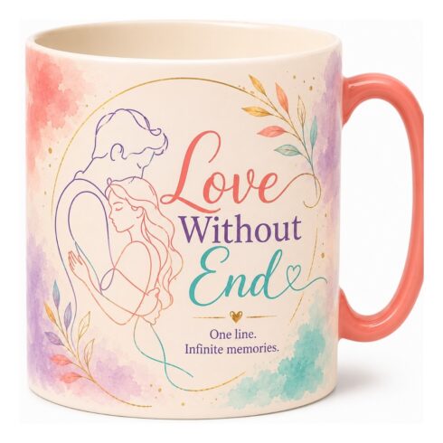 Love Without End | Colorful Couple Mug Mockup Pair | Modern Line Art Ceramic Mug | Romantic Wedding Gift Design cover image.