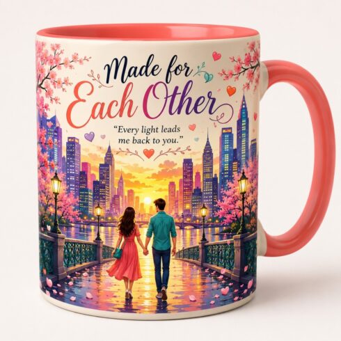 City Lights & Love – Romantic Skyline Couple Mug Mockup Pair | Made for Each Other | Modern Valentine Gift Design cover image.
