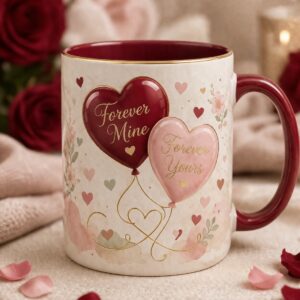 Valentine's Luxury Collection | Forever Mine & Forever Yours Couple Mug Mockup Pair | Romantic Heart Balloon Coffee Cup Design | Premium His & Hers Ceramic Mug cover image.