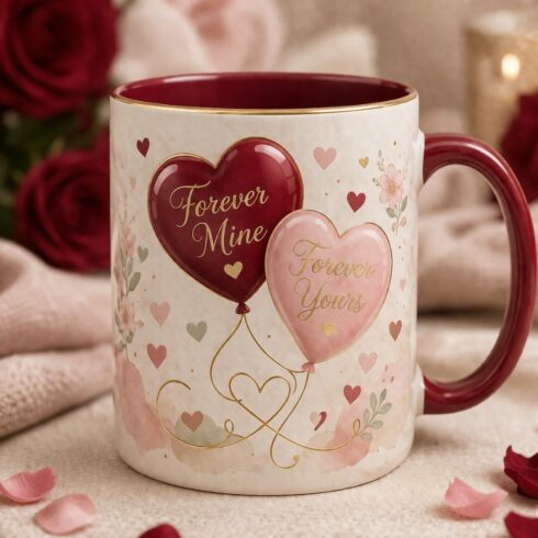 Valentine's Luxury Collection | Forever Mine & Forever Yours Couple Mug Mockup Pair | Romantic Heart Balloon Coffee Cup Design | Premium His & Hers Ceramic Mug cover image.