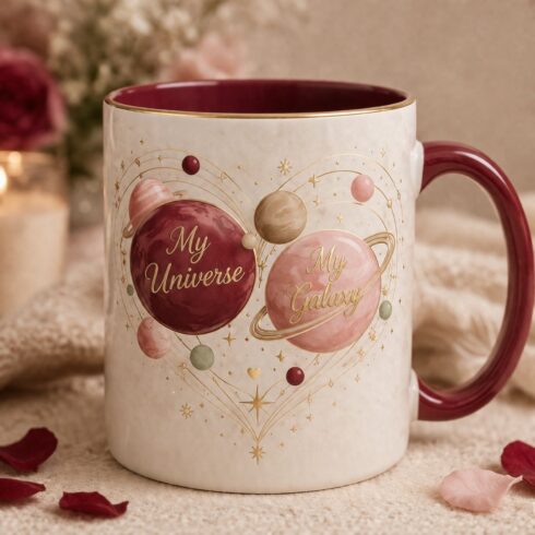 Galaxy Lovers Collection | My Universe & My Galaxy Couple Mug Mockup Pair | Romantic Cosmic Coffee Cup Design | Planet Heart His & Hers Ceramic Mug cover image.