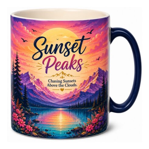 Sunset Peaks – Golden Hour Adventure Mug Mockup Pair– Vibrant Alpine Sunset cover image.