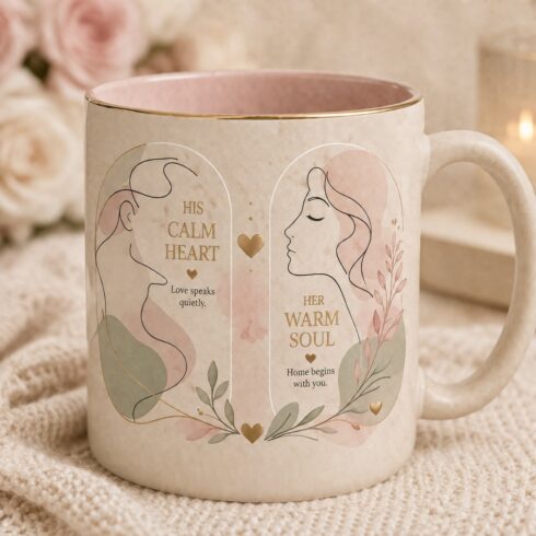Cherry Blossom Soulmates | Romantic Couple Coffee Mug Mockup Pair| Minimal Floral Couple Mug Design cover image.