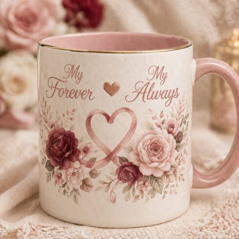 Pink Romance Collection | My Forever & My Always Couple Mug Mockup | Watercolor Rose Heart Ribbon | Romantic Wedding & Anniversary Gift Design cover image.