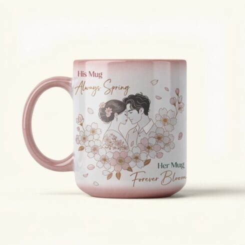 Cherry Blossom Collection | Always Spring & Forever Bloom Couple Mug Mockup | Romantic Sakura Floral Design | His & Hers Wedding & Anniversary Gift Mug cover image.