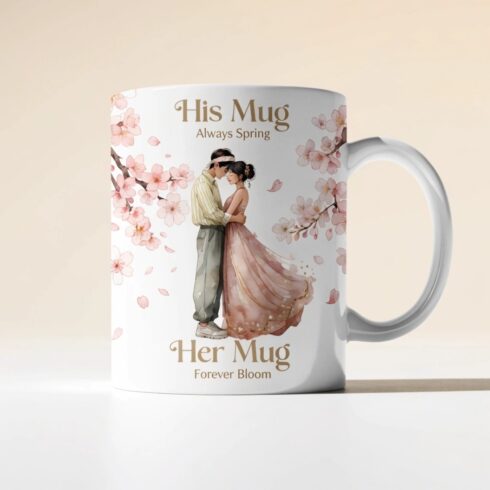 Cherry Blossom Collection | Always Spring & Forever Bloom Couple Mug Mockup | Romantic Sakura Floral Design | His & Hers Wedding & Anniversary Gift Mug cover image.