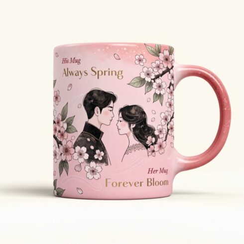 Cherry Blossom Collection | Always Spring & Forever Bloom Couple Mug Mockup | Romantic Sakura Floral Design | His & Hers Wedding & Anniversary Gift Mug cover image.