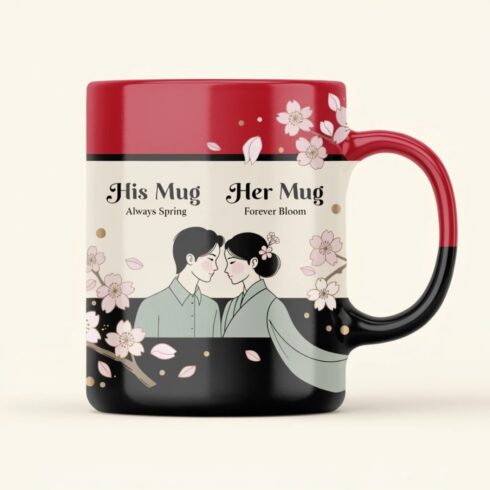 Luxury Floral Couple Mug Mockup Pair – His & Her Cherry Blossom Mug Pair| Romantic Couple Mug Mockup cover image.