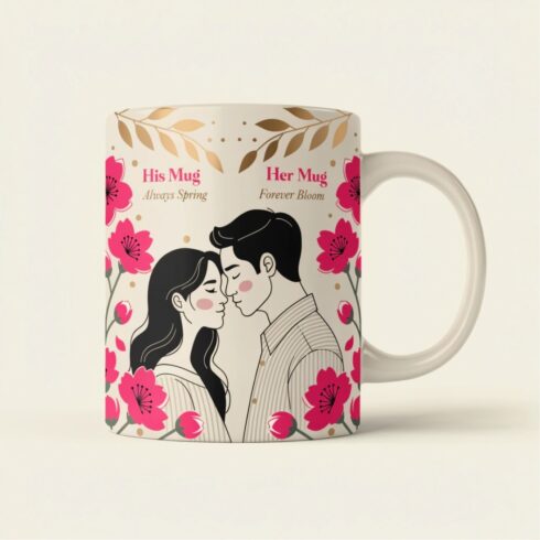 Love in Full Bloom |Elegant Cherry Blossom Couple Mug Mockup Pair cover image.