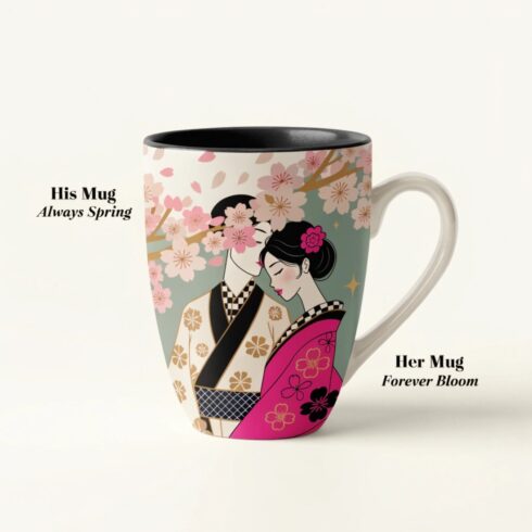 Cherry Blossom Collection | Always Spring • Forever Bloom | Romantic Floral Couple Mug Mockup | Elegant Wedding & Anniversary Gift Design cover image.
