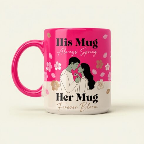 Love in Bloom | Cherry Blossom Floral Mug Mockup|Elegant Wedding & Anniversary Gift Design| Luxury Couple Mug Design cover image.