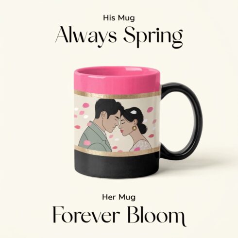 Cherry Blossom Collection | Always Spring • Forever Bloom | Romantic Floral Couple Mug Mockup | Elegant Wedding & Anniversary Gift Design cover image.