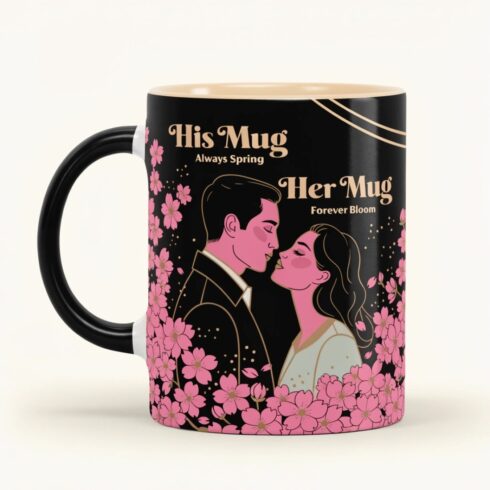Cherry Blossom Collection | Always Spring • Forever Bloom | Romantic Floral Couple Mug Mockup | Elegant Wedding & Anniversary Gift Design cover image.