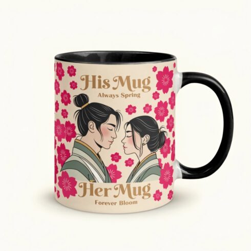 Love in Bloom | Cherry Blossom Floral Mug Mockup Pair|Elegant Wedding & Anniversary Gift Design cover image.