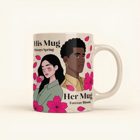 Forever Blooming Love | Cherry Blossom Mug Mockup Pair|Romantic Floral Couple Mug Mockup | Elegant Wedding & Anniversary Gift Design cover image.