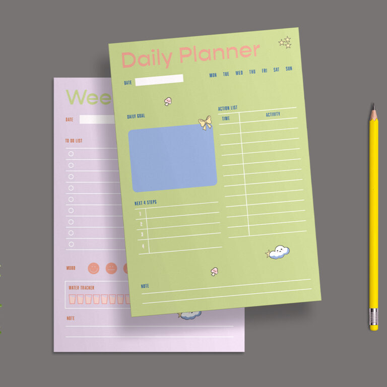 Daily and Weekly Planner Templates with Kawaii Productivity Layout Set cover image.