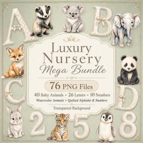 Luxury Nursery Mega Bundle – 76 Watercolor Animals, Quilted Alphabet & Numbers PNG cover image.