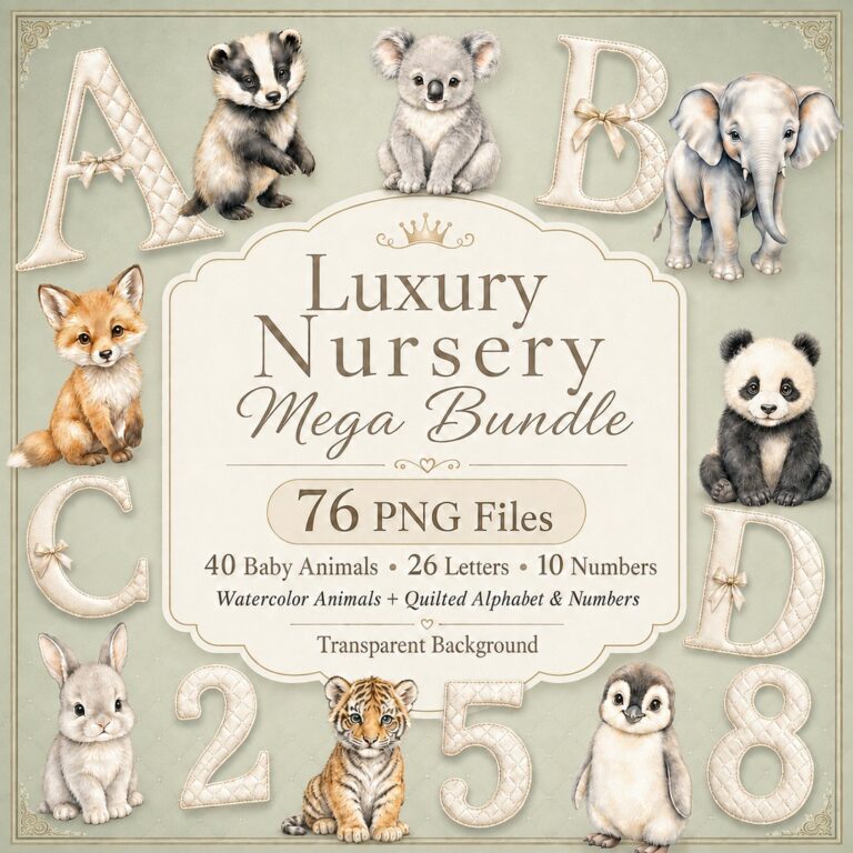 Luxury Nursery Mega Bundle – 76 Watercolor Animals, Quilted Alphabet & Numbers PNG cover image.