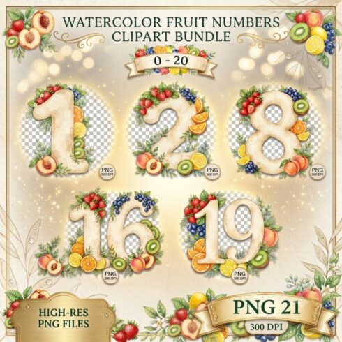 Watercolor Fruit Numbers Clipart Bundle: 0-20 Vibrant Digital Designs cover image.