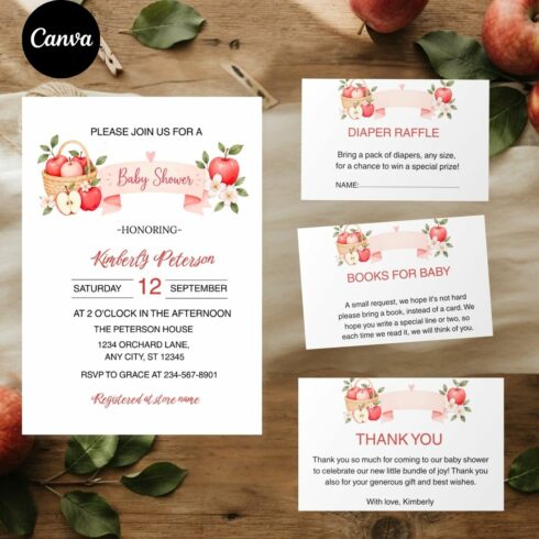 Apple Baby Shower Invitation Bundle, Editable Apple Basket Invite Template, Instant Download cover image.